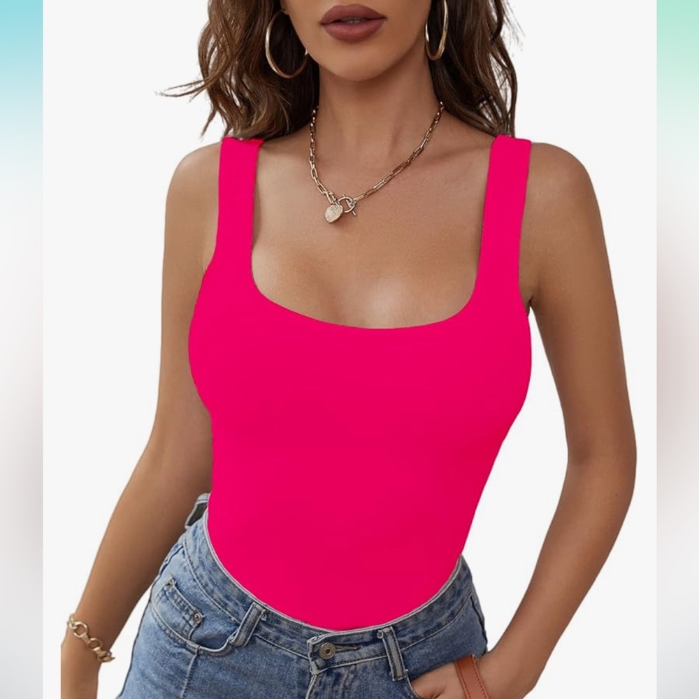 Women's Sleeveless Strappy Square Neck Double Layer Basic Bodysuit Tank Tops 🩷